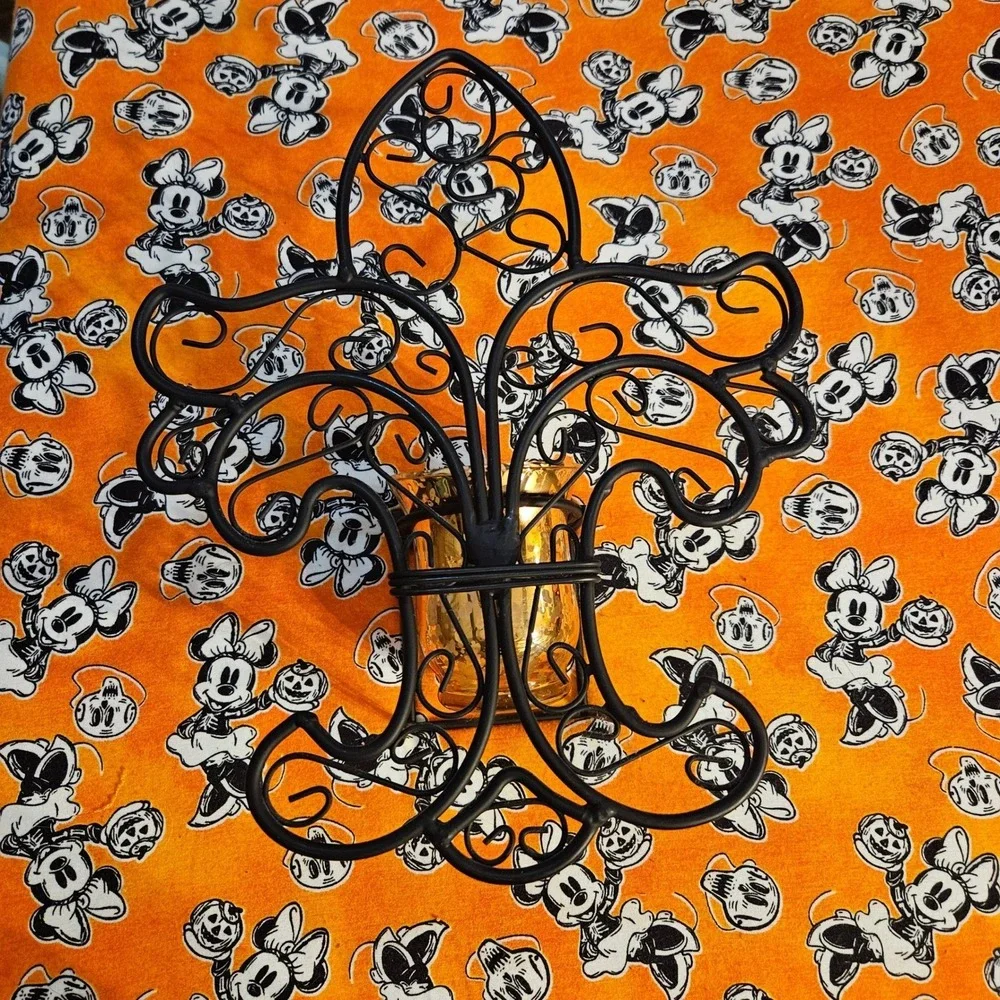 Vintage Ornate Black Metal Wall‎ Sconce Candle Holder with Amber Glass Insert